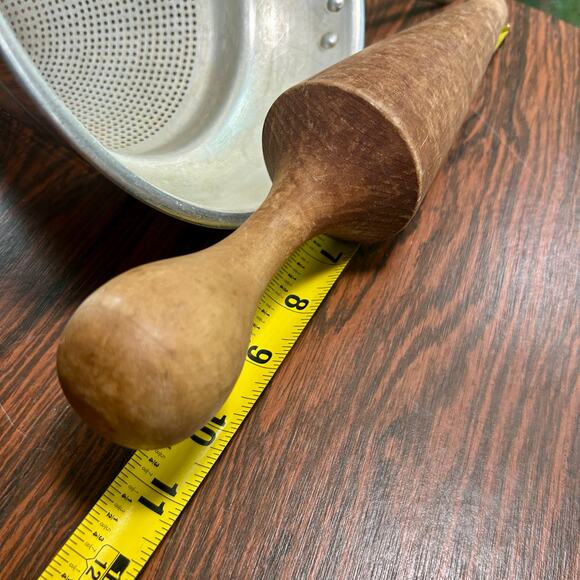 Vintage Aluminum Cone Strainer with Wooden Pestle | Farmhouse Kitchen Décor - Picture 12 of 13